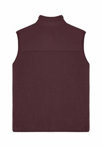 Gilet sans manches en polaire bordeaux foncé avec une partie inférieure arrière texturée et un panneau en tissu lisse sur le haut du dos et le col.