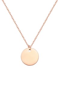 Halskette aus roségoldenem Metall mit einem runden Anhänger, der eine glatte, reflektierende Oberfläche aufweist und an einer zarten Kette hängt.