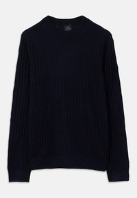 Mørkeblå langermet genser med en teksturert bølgete strikkemønster og ribbestrikket rund hals, mansjetter og kant fra Armani Exchange.
