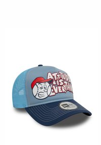 Trucker cap with a blue mesh back and navy visor. Features a cartoon baseball character and the text "Attitude is Everything" in red.