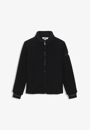 Μαύρο φλις μπουφάν με όρθιο γιακά, μπροστινό φερμουάρ και πλαινές τσέπες. Ριμπά μανίκια με ρίγα ως διακοσμητική λεπτομέρεια. Μαλακή υφή.