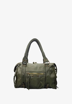 Sac à main en cuir vert olive avec une finition texturée, anses supérieures et poche zippée à l'avant. Dispose de quincaillerie en bronze et d'accents de broderie décoratifs.