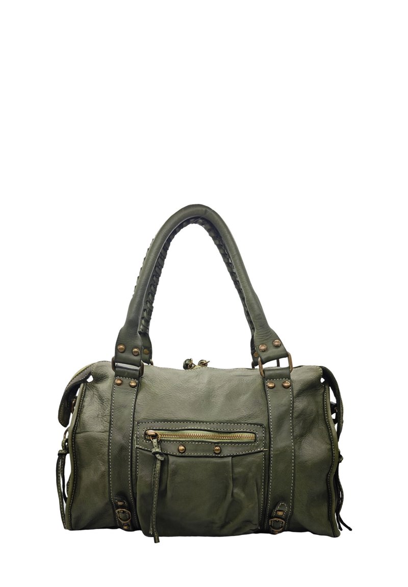 Sac à main en cuir vert olive avec une finition texturée, anses supérieures et poche zippée à l'avant. Dispose de quincaillerie en bronze et d'accents de broderie décoratifs.