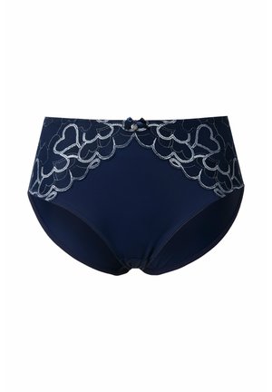 Ropa interior femenina azul marino con ribete de encaje que presenta patrones de corazones y un pequeño lazo central con una gema decorativa.