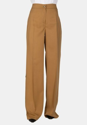 Pantaloni marroni a vita alta e gamba larga con chiusura con bottone e zip, indossati con scarpe nere appuntite e top bianco.