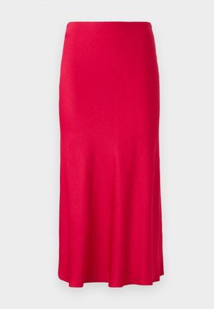 Jupe rouge de longueur midi en tissu lisse et extensible. Ajustée en haut avec un bas évasé et sans fermetures ni motifs visibles.