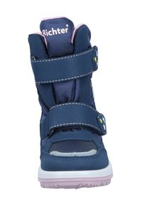 Dark blue waterproof children's boot with two velcro straps, pink accents, star pattern on the side, and a white and pink sole.