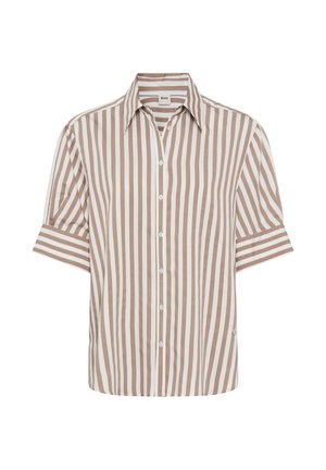 Short-sleeve button-up shirt in brown and white vertical stripes, with a pointed collar and rolled cuffs, made of lightweight fabric.