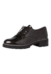 Chaussures en cuir noir à lacets avec une finition brillante, bout arrondi et semelle texturée. Comprend des œillets en argent et un talon bloc empilé.