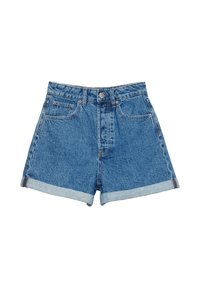 Shorts de mezclilla azul con cintura alta, dobladillos enrollados y dos bolsillos frontales. Presenta un cierre frontal con botón y cremallera. Tejido texturizado.