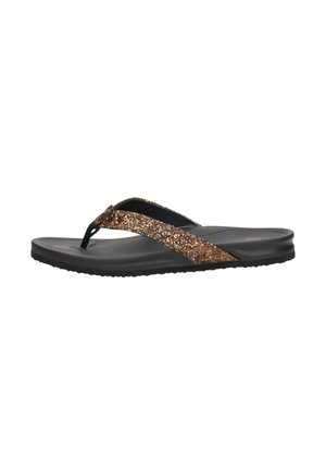 Black flip-flop sandal featuring a textured black sole and shimmering brown glitter straps. Minimalistic design with a thong-style upper.