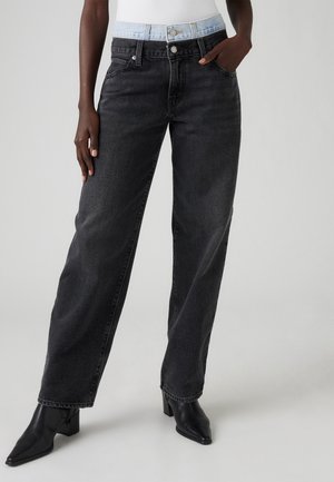 Zwart denim jeans met hoge taille, voorzien van een lichtblauwe tailleband, recht gesneden pijpen, twee voorzakken en een vervaagde textuur.