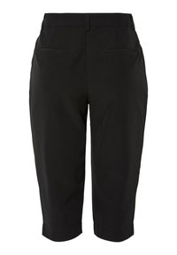 Black capri pants with a smooth fabric, featuring a flat front, back pockets, and rolled hems. Tailored fit with a sleek design.
