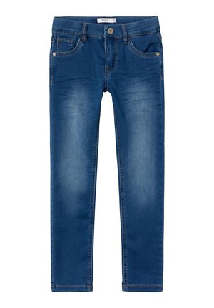Jean slim en denim bleu pour enfants avec poches avant, passants de ceinture et fermeture par bouton à la taille.