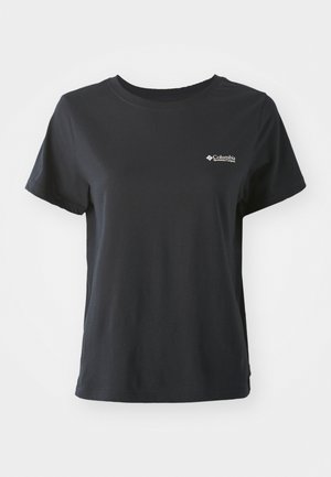 T-shirt en coton noir à manches courtes, encolure ronde et petit logo blanc Columbia Sportswear sur la zone du côté gauche de la poitrine.