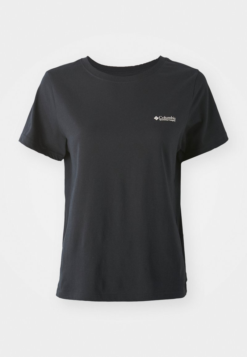 Schwarzes Baumwoll-T-Shirt mit kurzen Ärmeln, rundem Ausschnitt und kleinem weißen Columbia Sportswear-Logo auf der linken Brust.