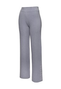 Šviesiai pilki, plačių kojų sportiniai džinsai su minkšta tekstūra ir aukštu juosmeniu. Apatinėje kairės kojos dalyje yra spausdintas logotipas.