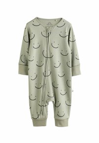 Grön långärmad babybodysuit med mönster av smiley faces, dragkedjeslutning fram, mjukt tyg och elastiska ärmslut och anklar.