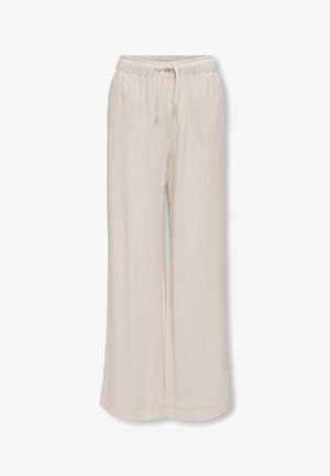 Beige broek met wijde pijpen, elastische tailleband en trekkoord, losse pasvorm, gestructureerde stof, zonder zichtbare zakken of versieringen.