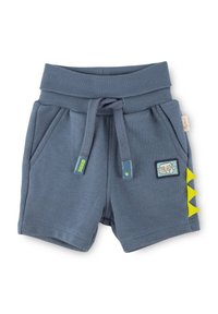 Gray cotton shorts with a ribbed waistband, drawstring, side pockets, and yellow shark fin accents. Features embroidered patches.