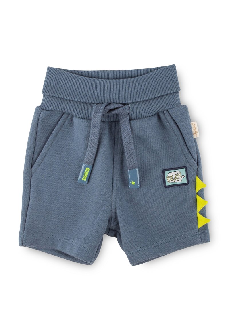 Gray cotton shorts with a ribbed waistband, drawstring, side pockets, and yellow shark fin accents. Features embroidered patches.