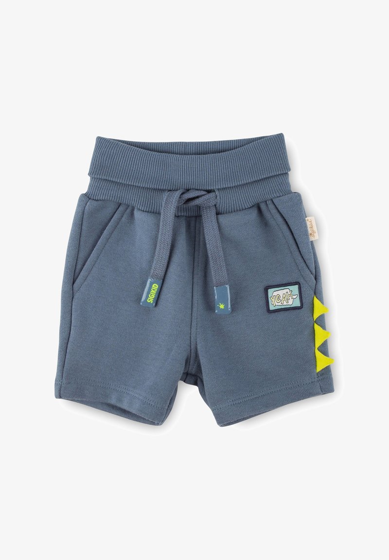 Graue Baumwollshorts mit geripptem Bund, Kordelzug, Seitentaschen und gelben Haifischflossen-Akzenten. Mit bestickten Aufnähern.