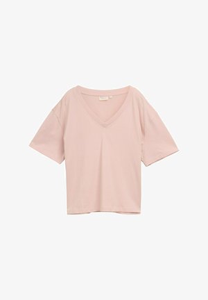 Rozā īsām piedurknēm T-kreklu ar V-veida kakla dizainu, izgatavots no mīksta auduma, ar brīvu piegriezumu un vienkāršu, bezšuvju stilu.
