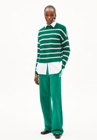 Grüner und grauer gestreifter Pullover, der über einem weißen Hemd getragen wird, kombiniert mit grünen weit geschnittenen Hosen mit einem Logo. Schwarze Schuhe runden das Outfit ab.