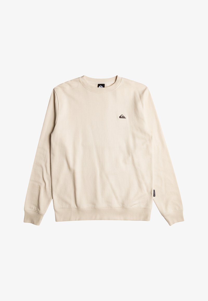 Beige Sweatshirt mit langen Ärmeln, Rundhalsausschnitt und gerippten Bündchen. Verfügt über ein kleines dunkles Logo auf der linken Brust und ein Etikett am Saum.