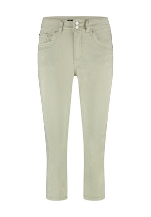  Lichtgroene, gestreepte denim broek met een slim fit, sluiting met twee knopen en vier zakken. De zoom is afgebiesd met een eenvoudige omslag.