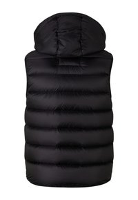 Czarna pikowana kamizelka puchowa z poziomym przeszyciem i przymocowanym kapturem, pokazana od tyłu na białym tle.