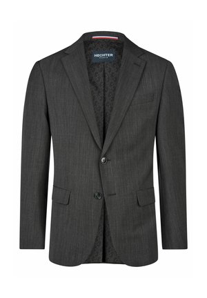 Dunkelgrauer Herrenmaßgeschneiderter Blazer mit Kerbaufschlägen, zwei vorderen Pattentaschen, zwei Knöpfen und "Hechter Paris"-Etikett innen am Kragen.