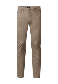 Pantalones de algodón beige, corte slim, diseño de cinco bolsillos, cierre de botón, brillo sutil, pierna recta, textura suave, detalles de costura contrastantes.