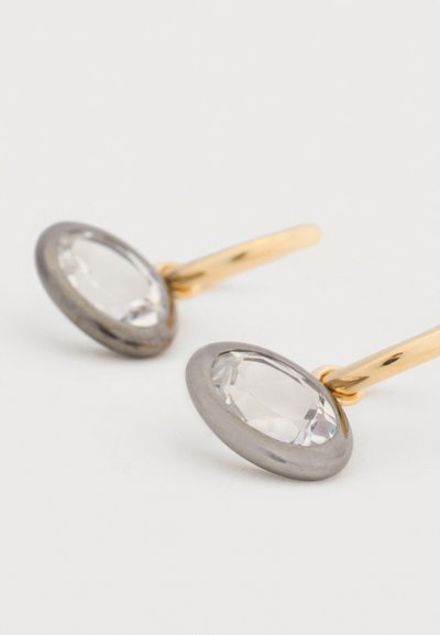 Naušnice u zlatnoj nijansi s prozirnim ovalnim kristalima postavljenim u sivi obruč, pričvršćene na tanke zlatne stabljike. Glatka tekstura s poliranim završetkom.