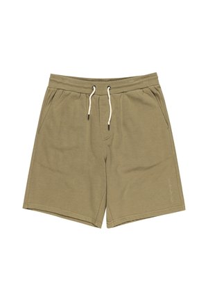 Olive green shorts made from soft fabric, featuring an elastic waistband with a drawstring, side pockets, and a subtle logo detail.