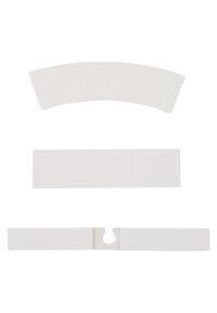 Three white plastic clips of varying shapes: one curved, one rectangular, and one with a notch. Smooth surface with no patterns or textures.