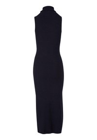 Robe midi noire sans manches avec col montant et silhouette ajustée, présentée sur fond blanc uni.