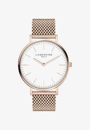 Runde Uhr mit weißem Zifferblatt, roségoldenen Zeigern und Markierungen sowie einem roségoldenen Mesh-Armband. Schlichtes Design, klare Lesbarkeit, minimalistischer Stil.