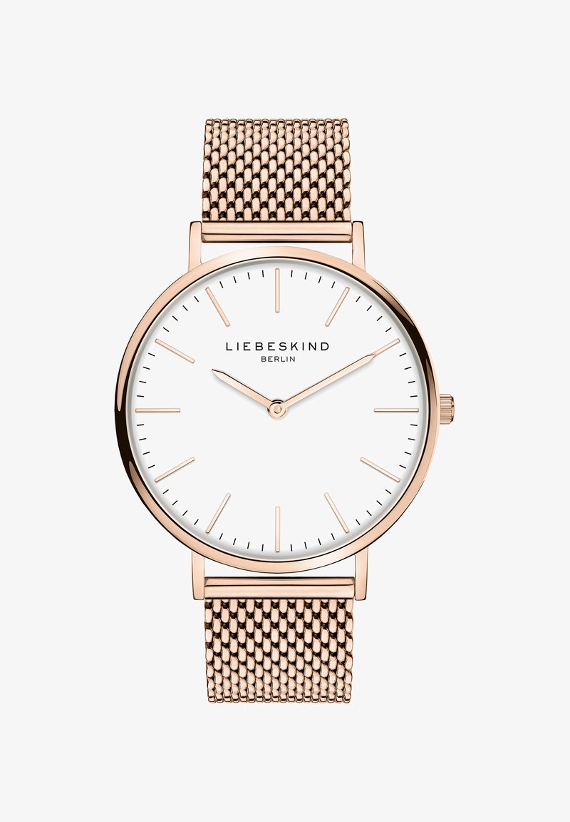 Runde Uhr mit weißem Zifferblatt, roségoldenen Zeigern und Markierungen sowie einem roségoldenen Mesh-Armband. Schlichtes Design, klare Lesbarkeit, minimalistischer Stil.
