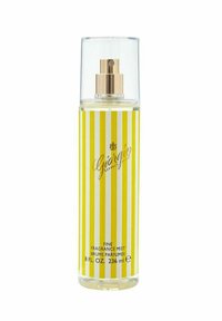 Kirkas suihkepullo, jossa on kultainen suihkupää, jossa on pystysuoria keltaisia ja valkoisia raitoja, etikettinä "Fine Fragrance Mist", tilavuus 236 ml.