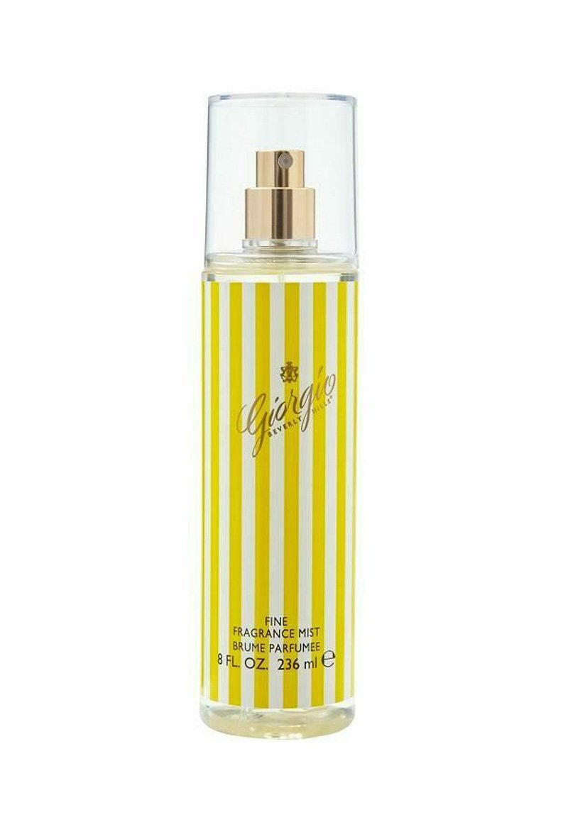 Kirkas suihkepullo, jossa on kultainen suihkupää, jossa on pystysuoria keltaisia ja valkoisia raitoja, etikettinä "Fine Fragrance Mist", tilavuus 236 ml.