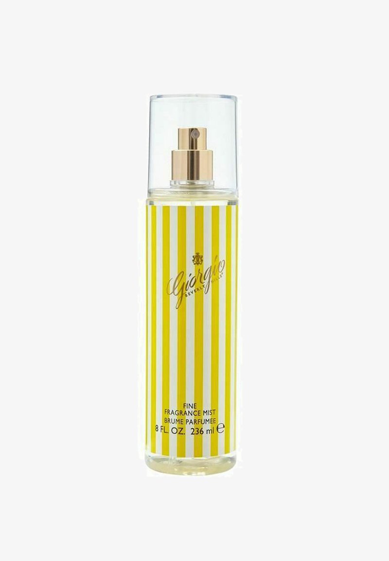 Kirkas suihkepullo, jossa on kultainen suihkupää, jossa on pystysuoria keltaisia ja valkoisia raitoja, etikettinä "Fine Fragrance Mist", tilavuus 236 ml.