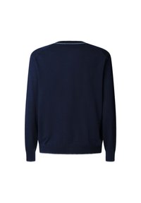 Maglione lungo blu navy con scollo a girocollo, polsini e orlo a coste, mostrato da dietro su uno sfondo bianco.