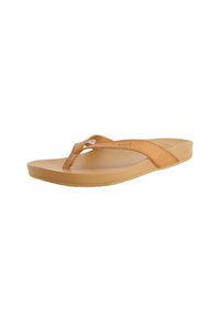 Tan flip-flop sandal with a textured strap, rubber sole, and contoured footbed. Lightweight design with a minimalist shape.