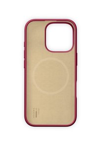Coque de téléphone mobile bordeaux avec une coque extérieure dure et un intérieur lisse beige comportant un pad magnétique circulaire et du texte de marque.