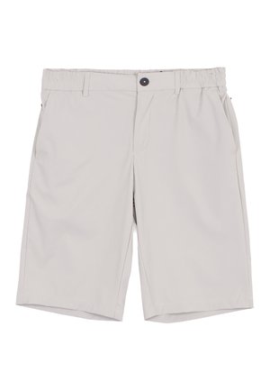 Pantaloncini beige chiaro al ginocchio con vita elastica, bottone frontale, cerniera, passanti per cintura e tasche laterali, stesi su sfondo bianco.