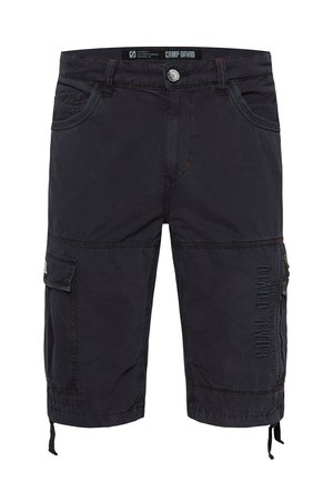 Black cargo shorts with multiple pockets, a textured fabric, drawstring hem, and "CAMP DAVID" embroidered detail on the side.