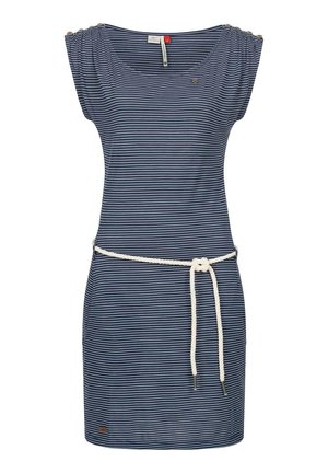 Granatowo-biała sukienka w paski na krótki rękaw, z okrągłym dekoltem, guzikami na ramionach oraz białym sznurkowym paskiem przewiązanym w talii.