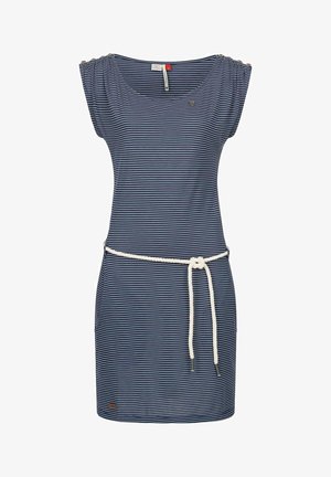 Granatowo-biała sukienka w paski na krótki rękaw, z okrągłym dekoltem, guzikami na ramionach oraz białym sznurkowym paskiem przewiązanym w talii.