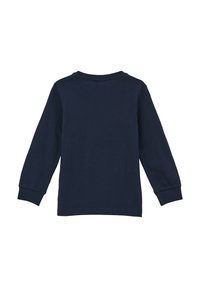 Dunkelblaues Langarm-T-Shirt aus weicher Baumwolle. Verfügt über einen runden Ausschnitt, eng anliegende Bündchen und eine einfarbige Gestaltung ohne sichtbare Muster oder Logos.